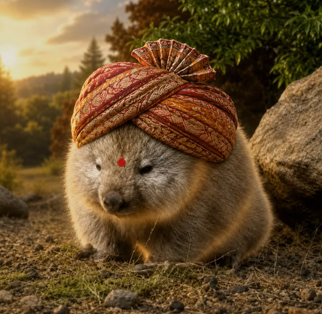 Chundussikus, the biggest fluffy bunny on Solana wearing a royal turban, glowing in golden sunset light